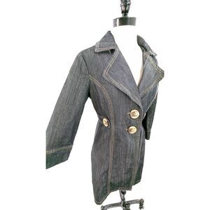 Baccini Women Dark Wash Blue Denim 3/4 Sleeve Button Front Denim Trench Coat Siz
